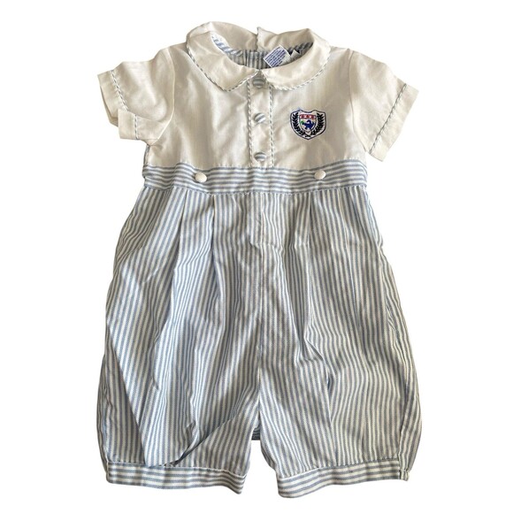 Carriage Boutiques Blue White Striped Shortall Romper 12M Crest Preowned - Picture 2 of 7